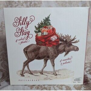 Pottery Barn Silly Stag Appetizer Plates Set of 4 Reindeer Round Red Trim